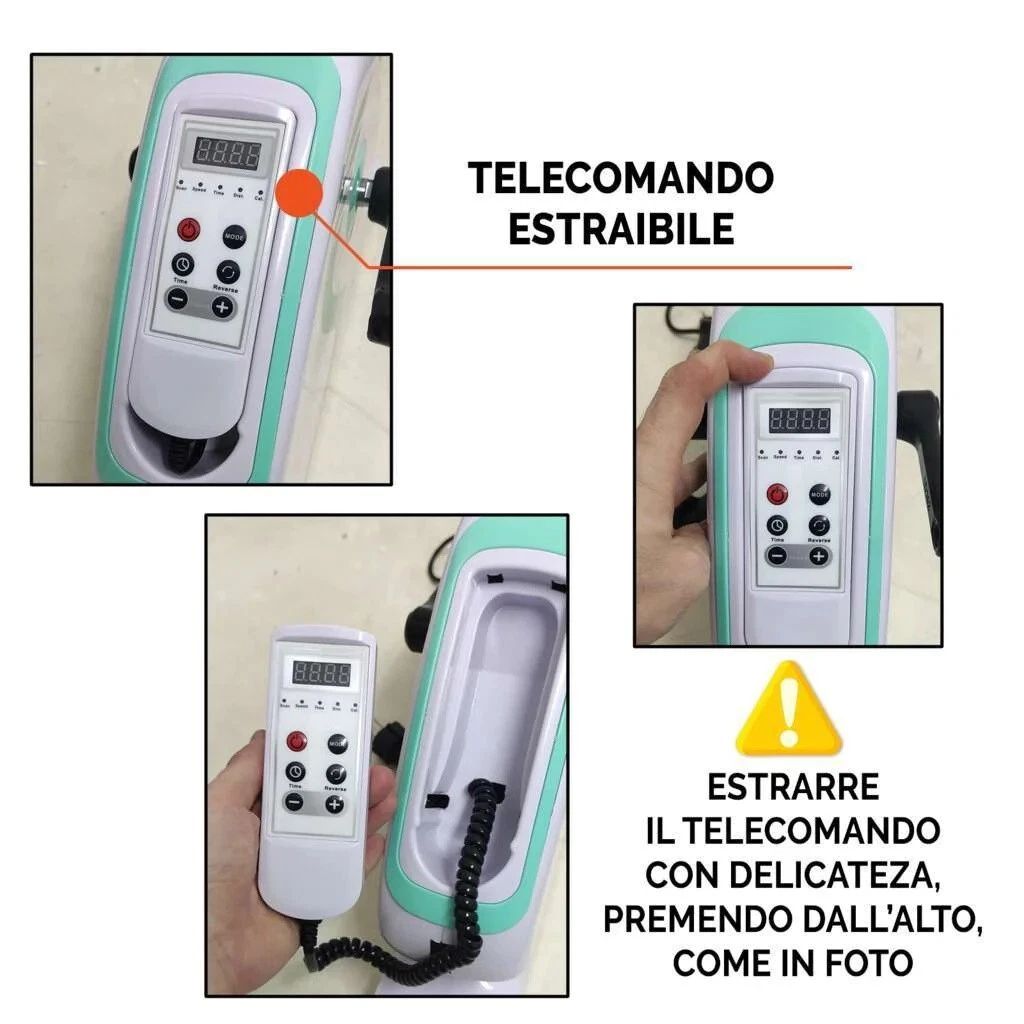 Diverse immagini mostrano il telecomando e il dispositivo. Testo: TELECOMANDO ESTRAIBILE. Avviso: rimuovere con delicatezza.