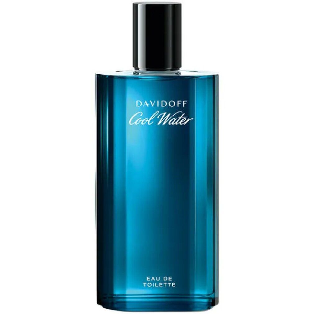 Davidoff Cool Water Eau de Toilette Spray. Bottiglia blu, tappo nero. Nome del prodotto.