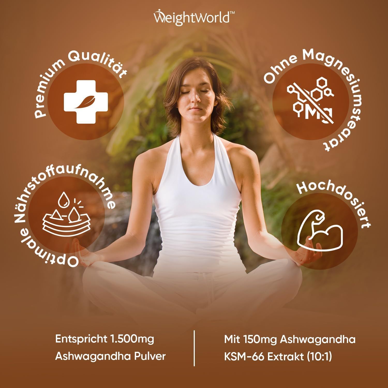 Donna che medita. Simboli circolari: qualità premium, assorbimento ottimale dei nutrienti, senza stearato di magnesio, ad alto dosaggio.