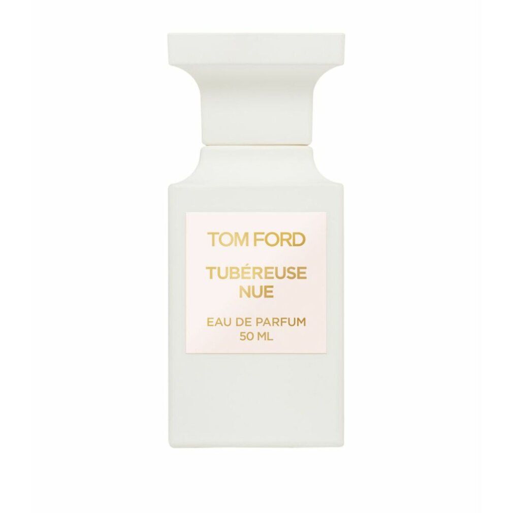 Flacone bianco. Scritta: TOM FORD TUBÉREUSE NUE Eau de Parfum 50 ml. Flacone con etichetta quadrata.