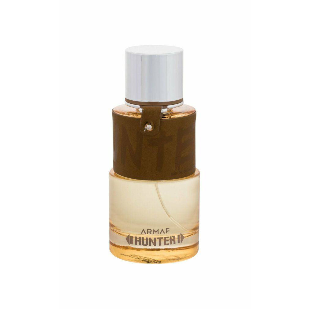 Flacone di profumo con custodia in pelle marrone e tappo argentato. Scritta: Armaf Hunter.