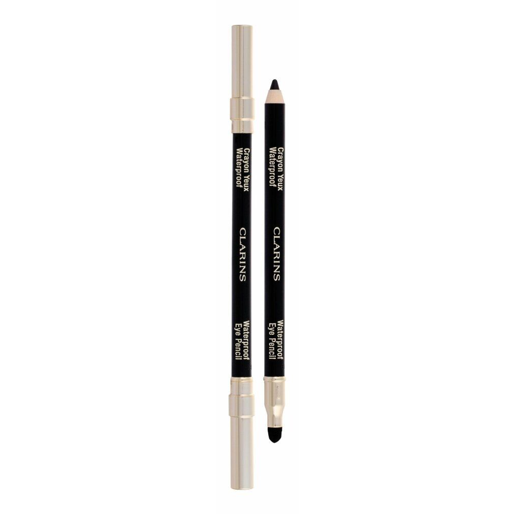 Due matite occhi waterproof Clarins. Una con cappuccio. Testo: Waterproof, Crayon Yeux Waterproof, Clarins, Eye Pencil.