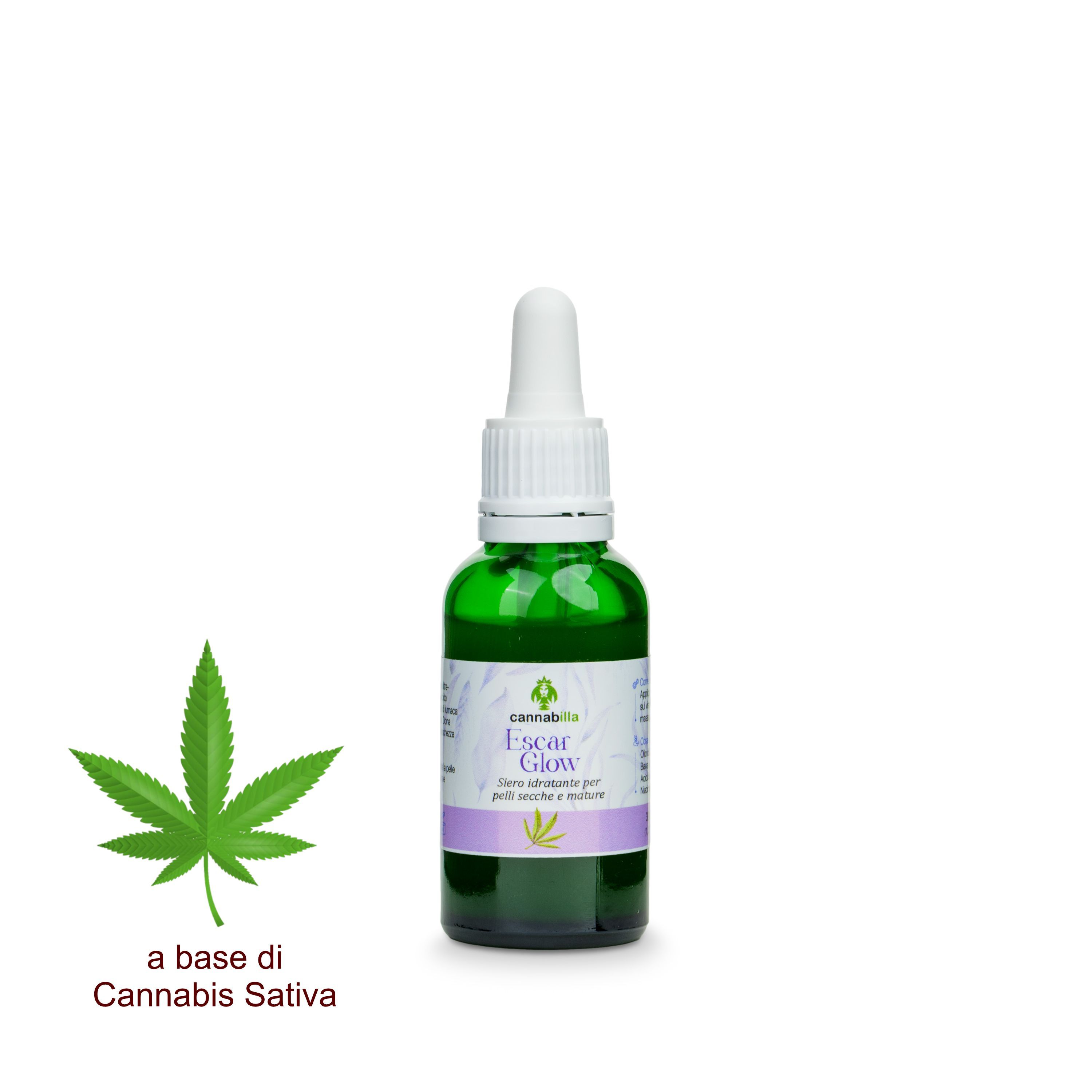 Flacone di vetro verde con contagocce bianco. Scritta: Escar Glow, Siero idratante per pelli secche e mature. Logo Cannabilla. Foglia di Cannabis Sativa.