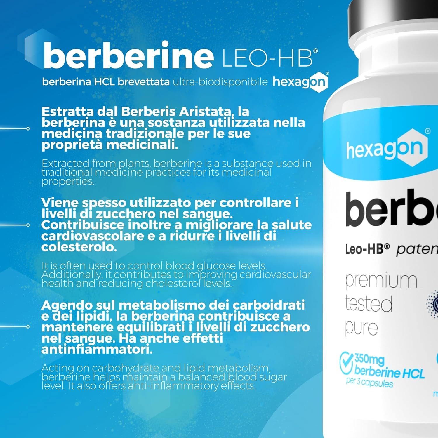Capsule di Berberina Hexagon: Flacone da 90 capsule, LEO-HB® ultra-biodisponibile, 350mg Berberina HCL.