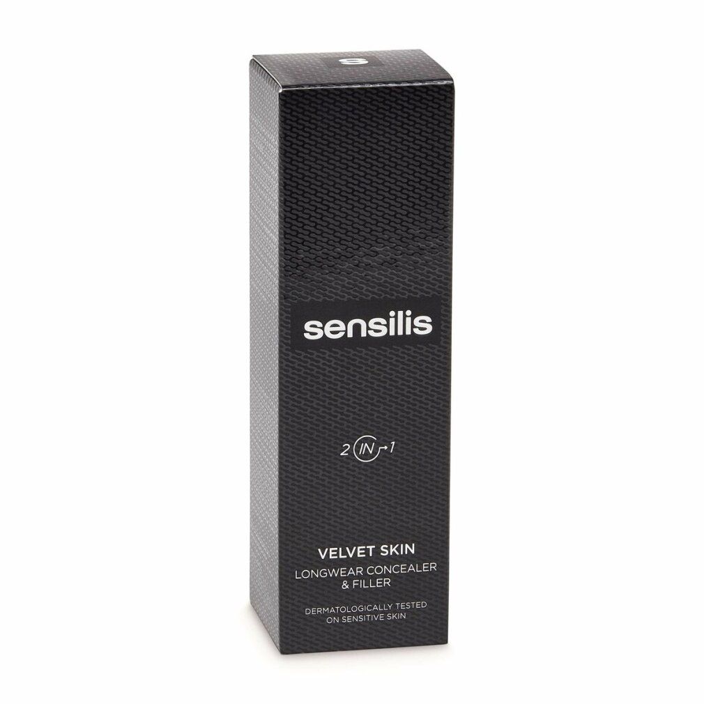 Scatola nera Sensilis. Testo: Velvet Skin Longwear Concealer & Filler. Dermatologicamente testato. Forma rettangolare.