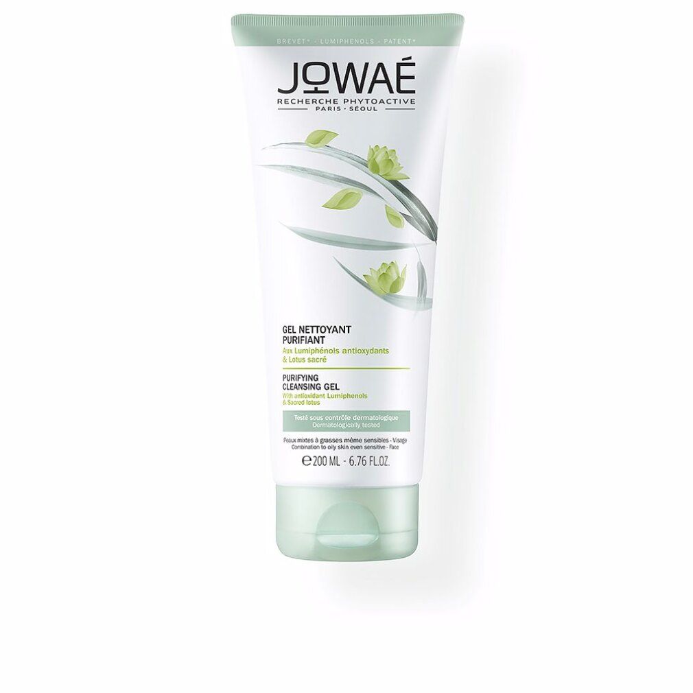 Tubo bianco e verde con logo JOWAE e nome del prodotto. Testo: Gel Nettoyant Purifiant, Purifying Cleansing Gel. 200ml.
