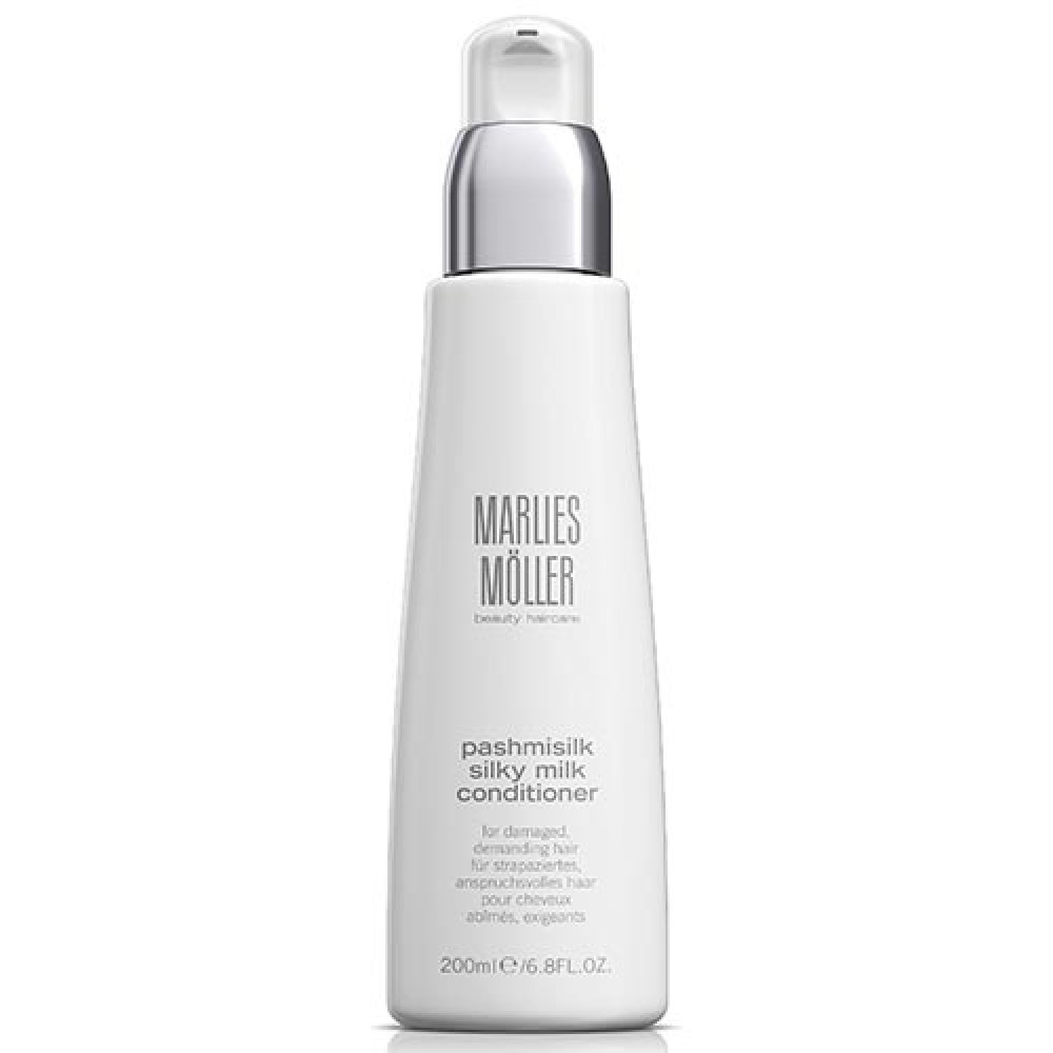 Flacone bianco con tappo argentato. Scritta: Marlies Möller, Pashmisilk Silky Milk Conditioner.