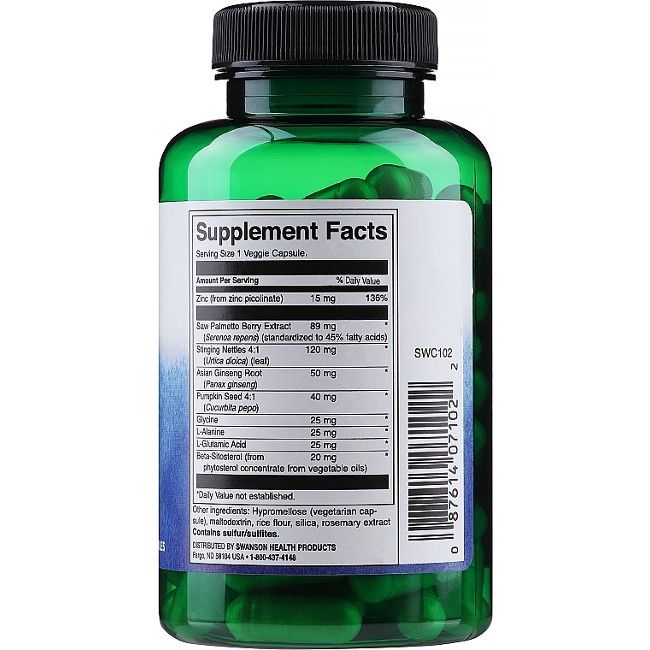 Retro di un flacone verde. Etichetta con informazioni nutrizionali e ingredienti. Contiene estratto di saw palmetto, ortica, zinco.