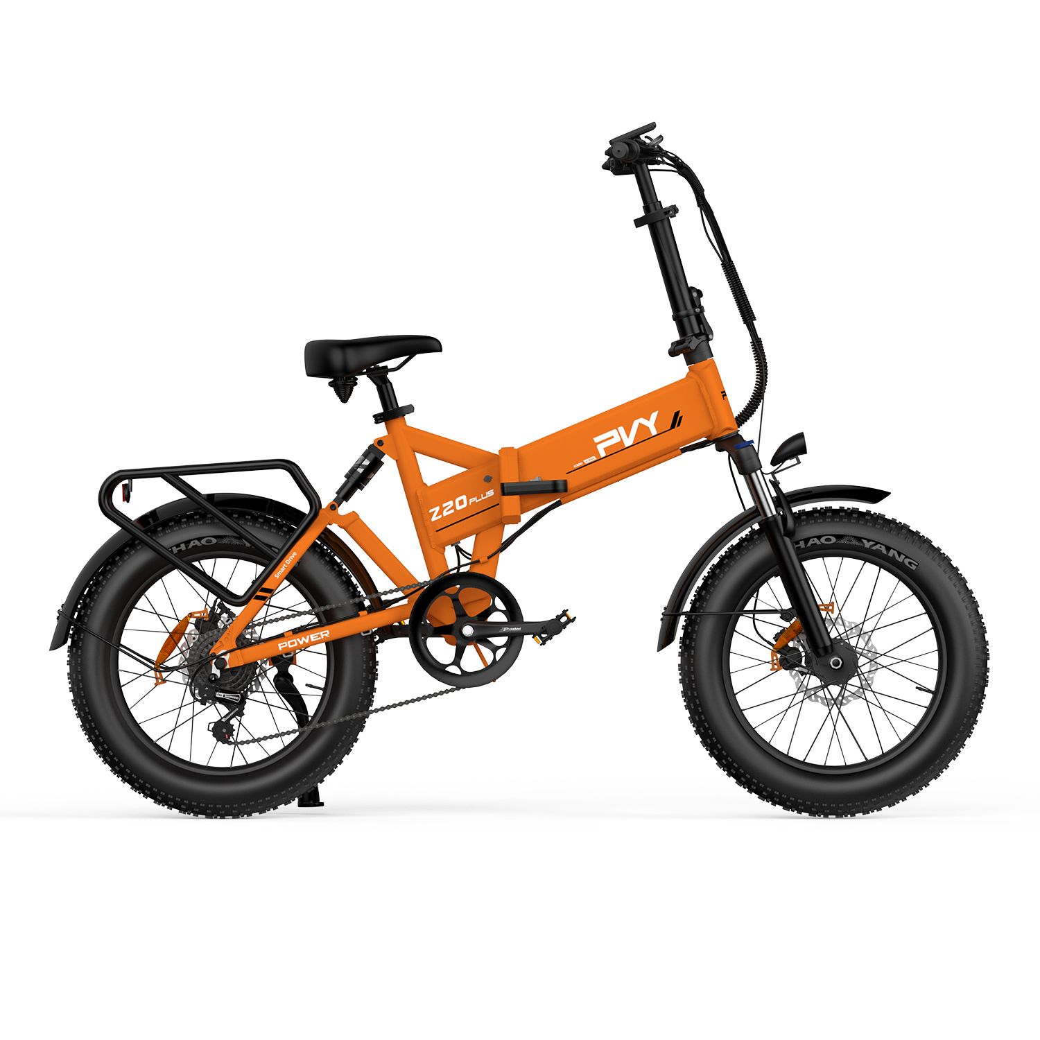 E-bike arancione con pneumatici neri e portapacchi. Sul telaio è presente la scritta PVY Z20 Plus.