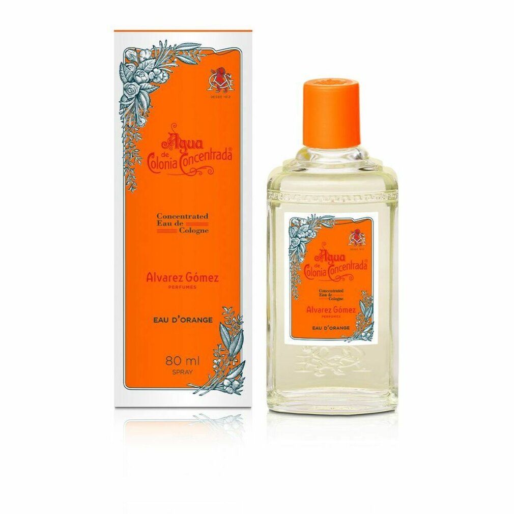 Flacone e scatola 'Acqua di Colonia Concentrada'. Tappo ed etichetta arancioni. 'Eau d'Orange'.