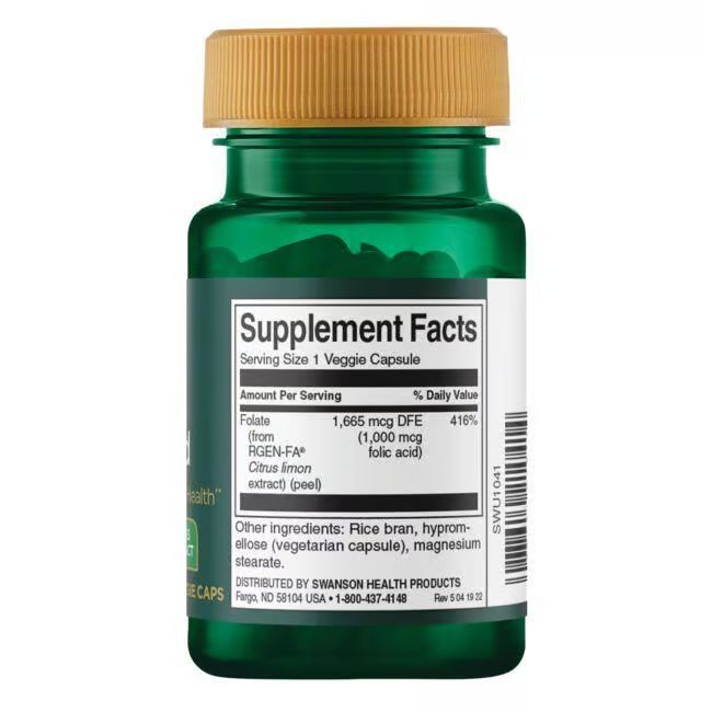 Retro di un flacone verde con tappo giallo. Etichetta con informazioni nutrizionali, 1665 mcg DFE, 1000 mcg acido folico.