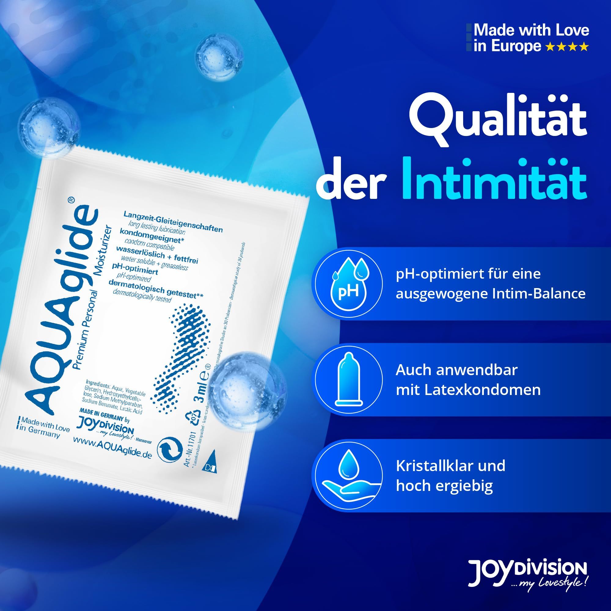 Confezione AQUAGLIDE gel lubrificante, 50 pezzi, con design acquatico.