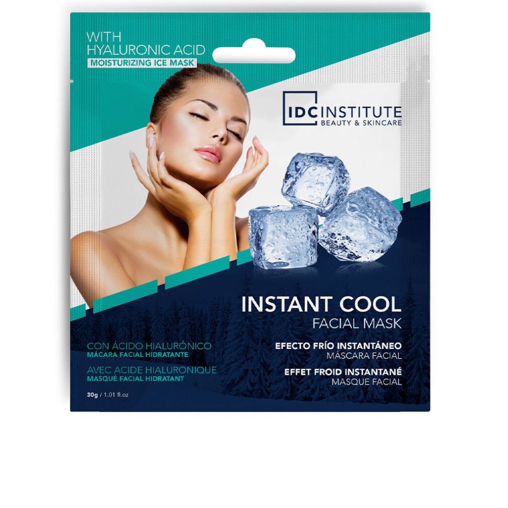 Maschera viso Instant Cool. Con acido ialuronico. Confezione con donna, cubetti di ghiaccio. Marchio: IDC Institute.