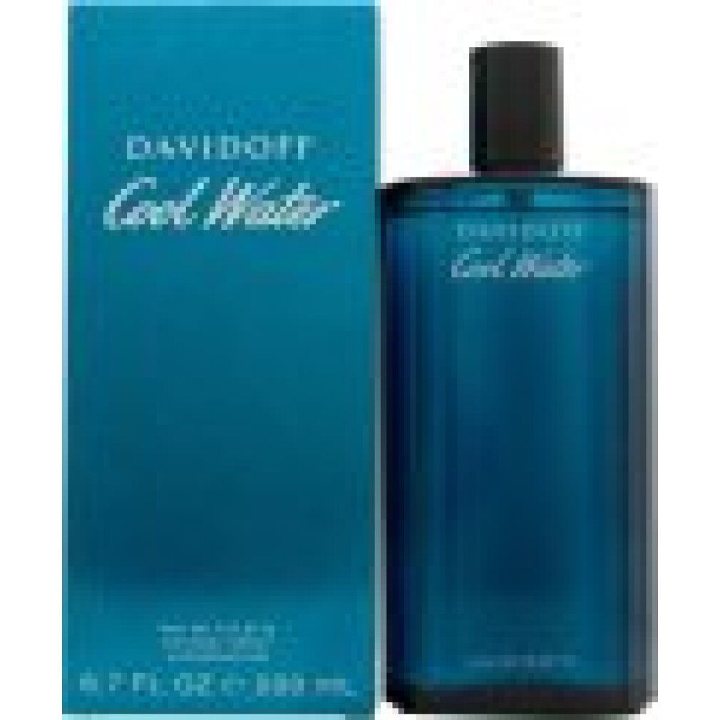 Flacone e confezione Davidoff Cool Water Eau de Toilette. Blu. Testo: Davidoff Cool Water, Eau de Toilette.