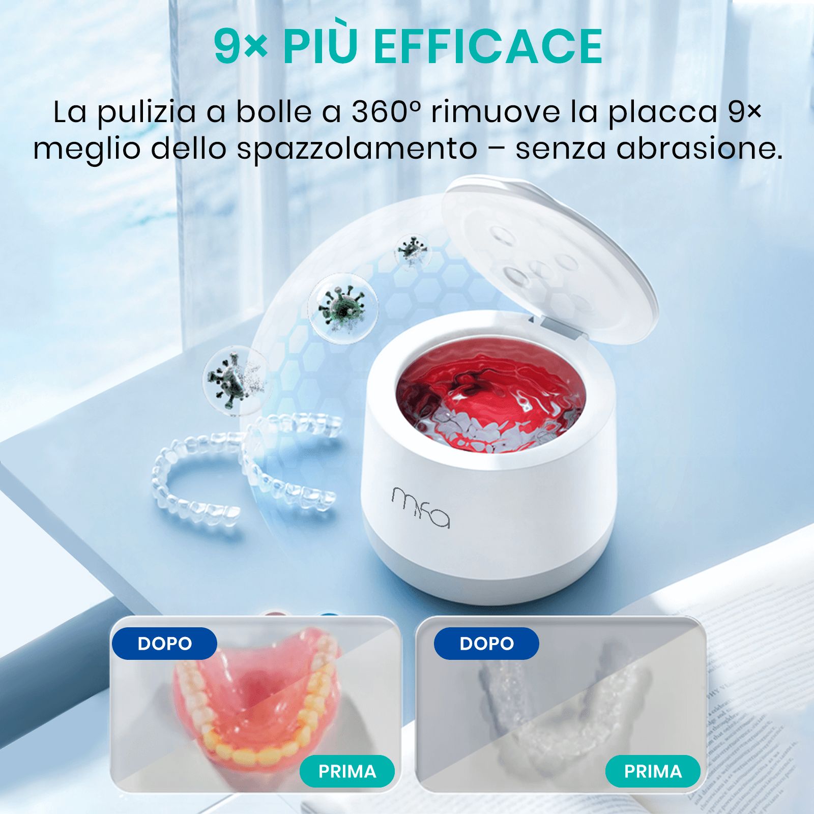 Pulitore a ultrasuoni con coperchio aperto. Apparecchio dentale e protesi puliti. Testo: 9x più efficace.