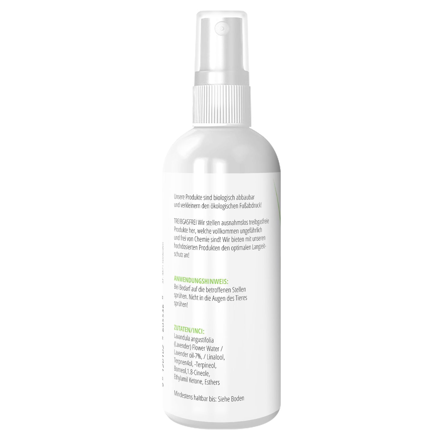 Retro di un flacone spray bianco. Testo: ingredienti, istruzioni per l'uso, durata.