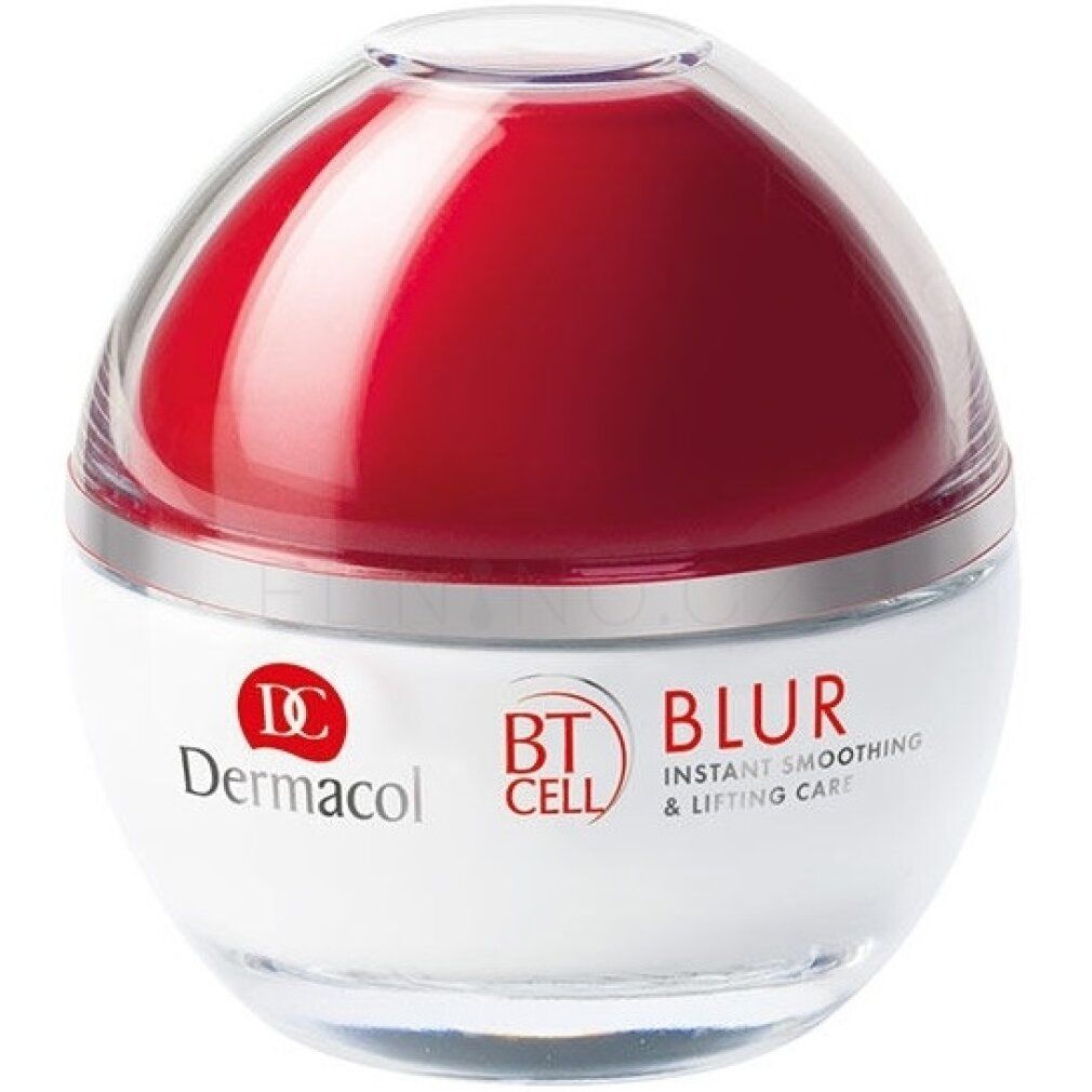 Vaso rotondo con coperchio rosso. Scritta: Dermacol, BT CELL BLUR. Confezione trasparente.