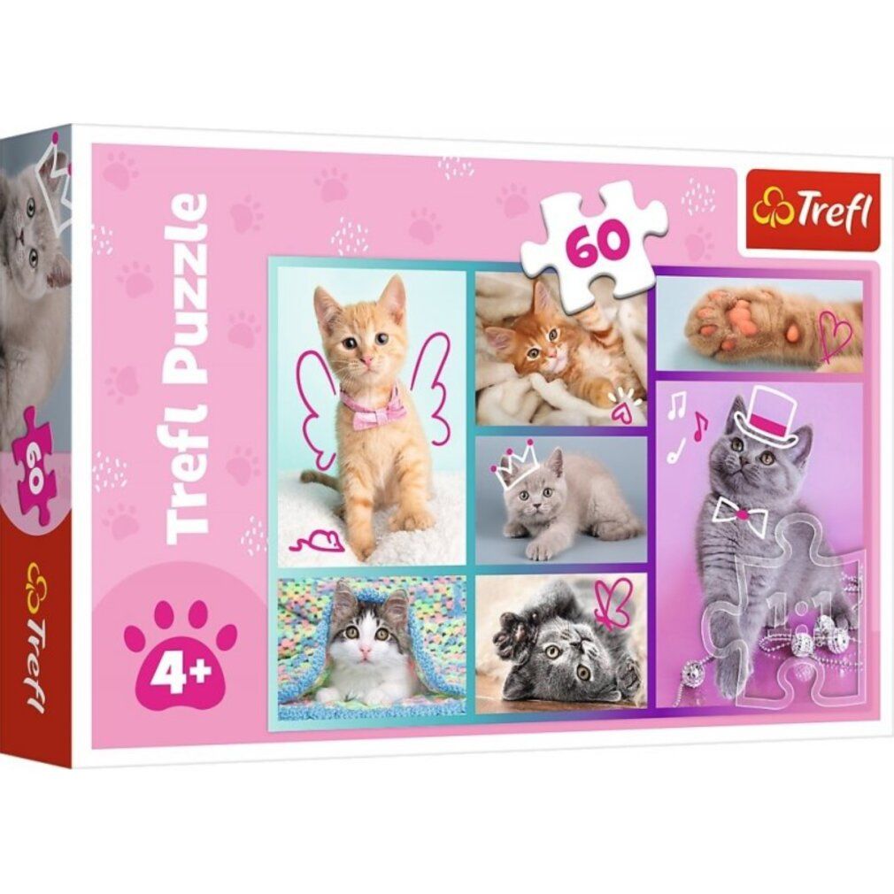 Trefl Puzzle de petits chats mignons, 60 pezzi. Confezione rosa con gatti. Consigliato per i 4+. Pezzo di puzzle in alto.