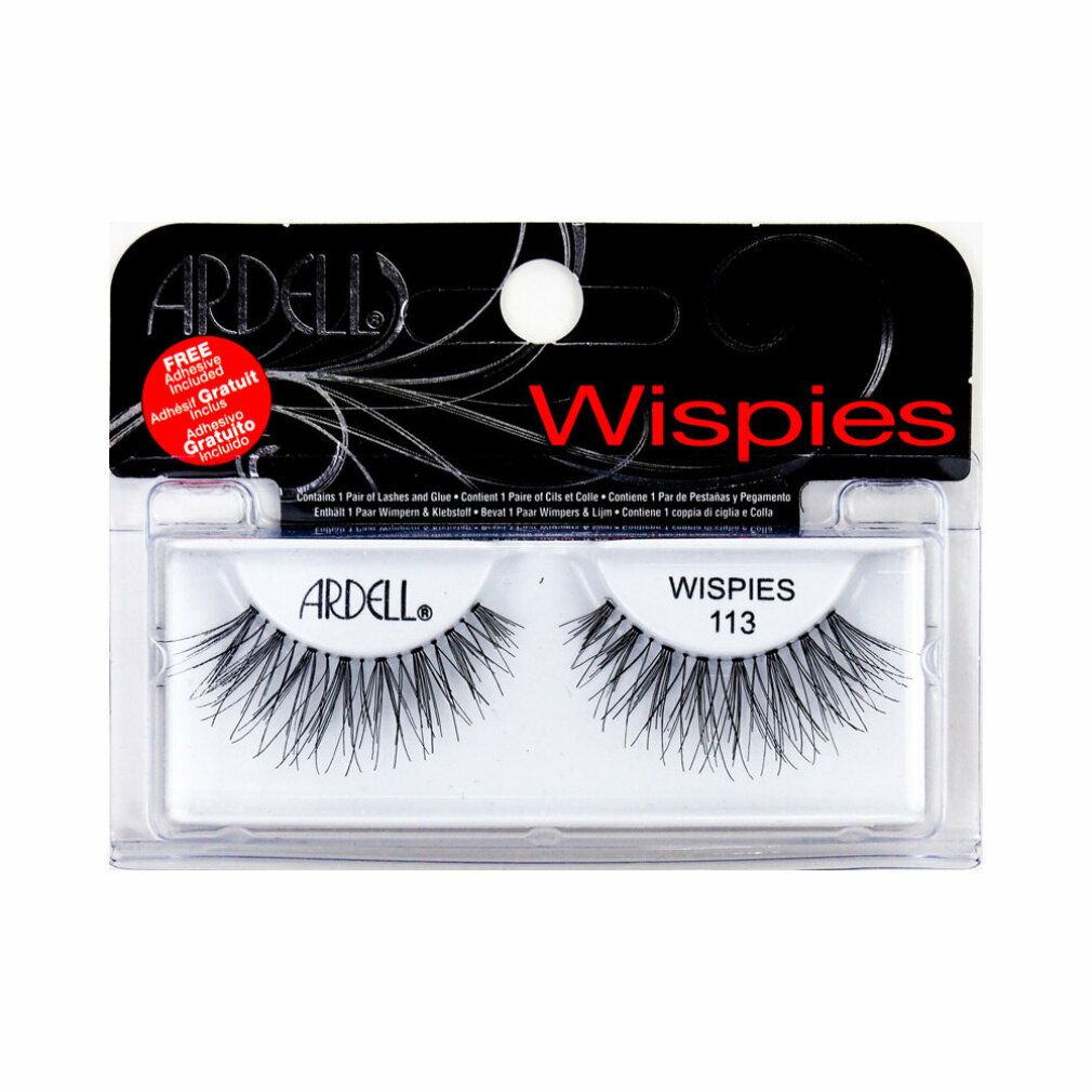 Ciglia Ardell Wispies 113. Ciglia finte nere in confezione. Contiene colla. Leggere, confortevoli, capelli naturali.