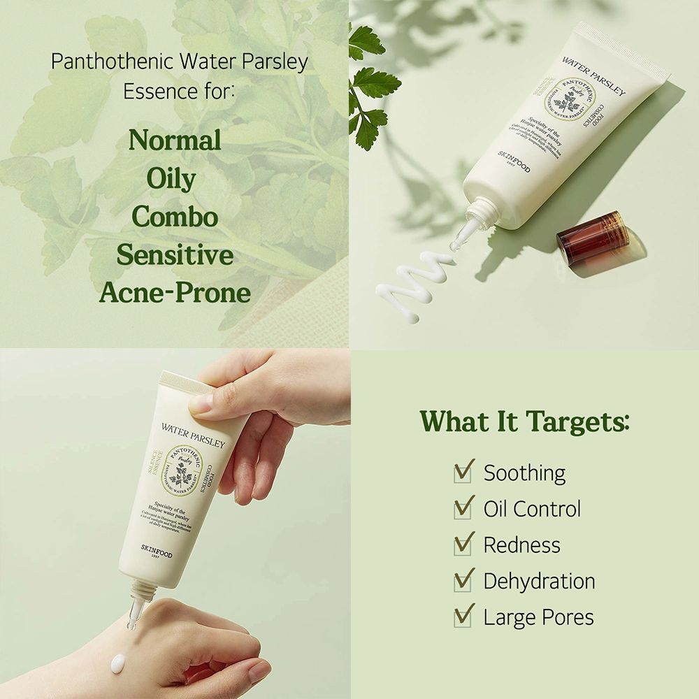 Collage prodotto. Tubo, prodotto su mano, testo: WATER PARSLEY, SKINFOOD. Obiettivi: Lenitivo, controllo olio, rossore, disidratazione, pori dilatati.