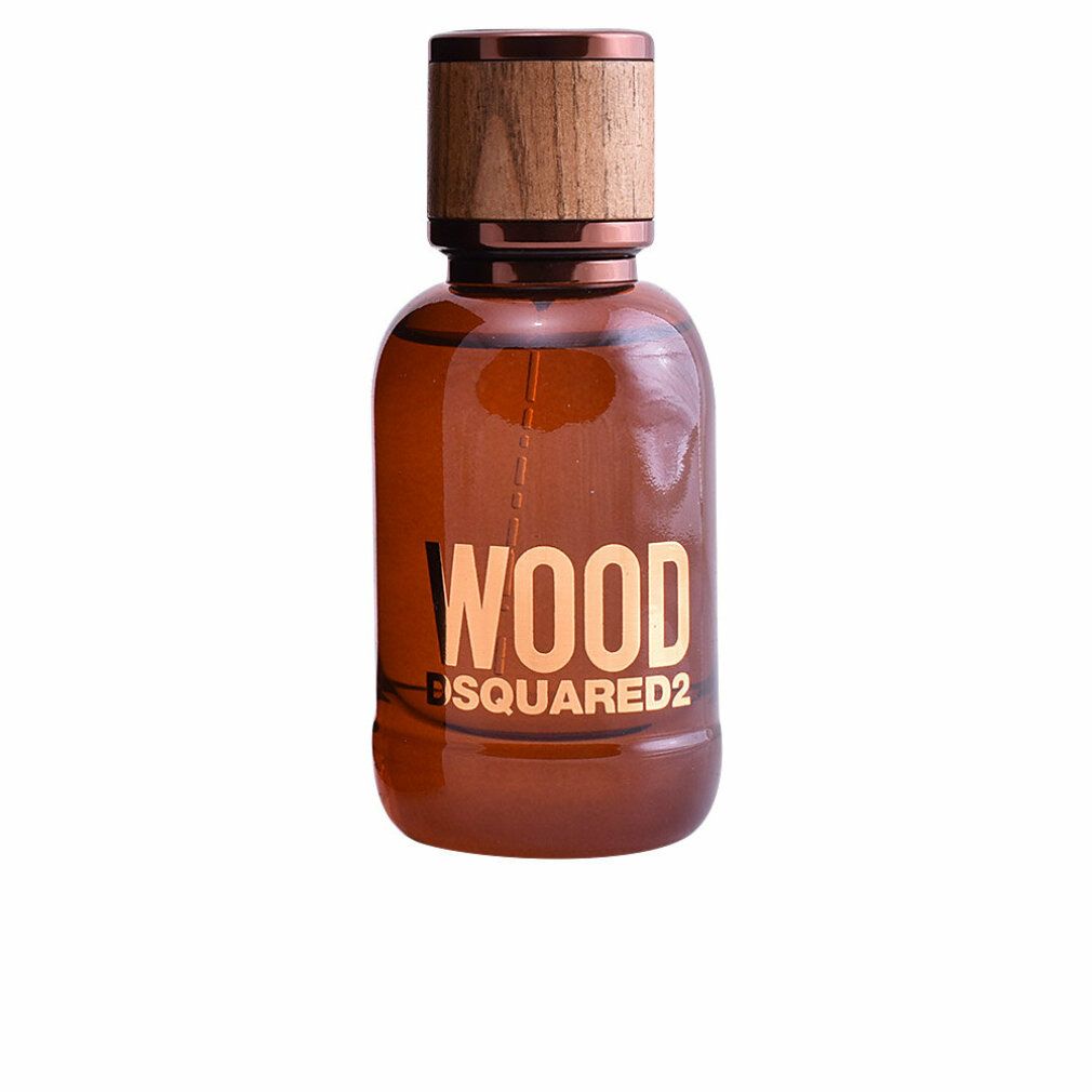Flacone in vetro marrone con tappo in legno. Scritta WOOD DSQUARED2.
