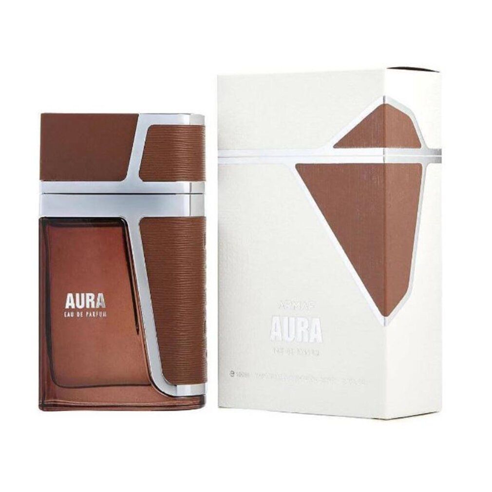 Flacone di profumo e confezione. Flacone marrone, argento. Confezione bianca. Scritta: AURA Eau de Parfum.