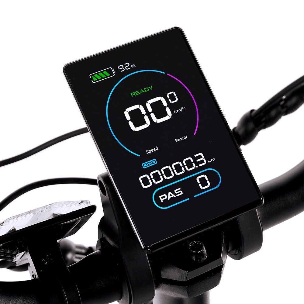 Display digitale con velocità, potenza, indicatore batteria e altre informazioni.