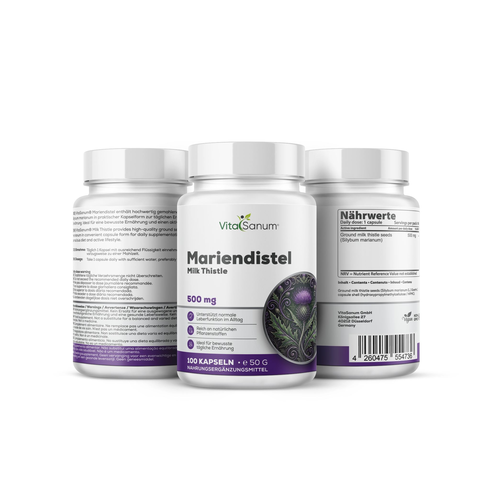 Tre barattoli di capsule VitaSanum Cardo Mariano, 500 mg. Barattoli bianchi con etichette dettagliate, uno con informazioni nutrizionali.