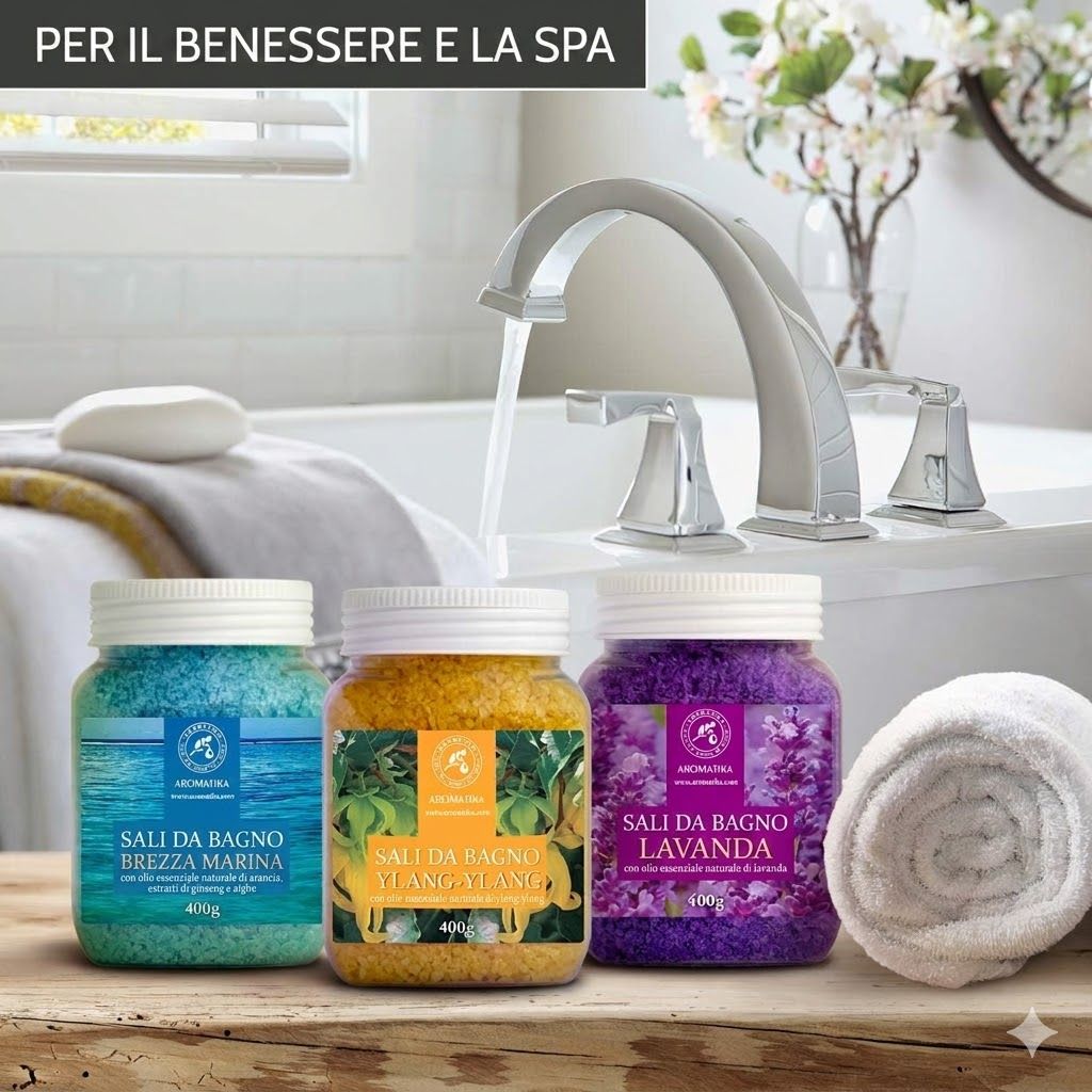Tre barattoli di sali da bagno accanto a un rubinetto. Blu, giallo e viola. Scritte: Brezza Marina, Ylang-Ylang, Lavanda.