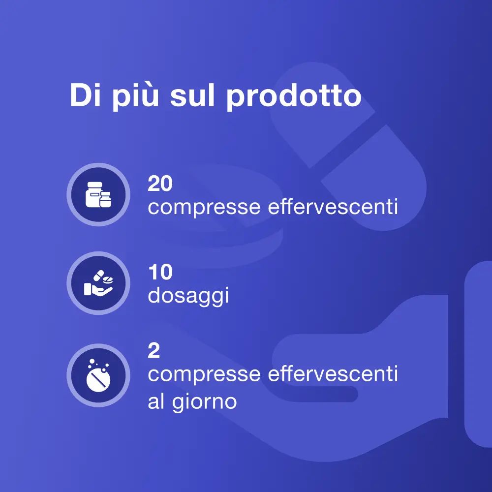 Infografica con 20 compresse effervescenti, 10 dosi e 2 compresse al giorno. Sfondo blu.
