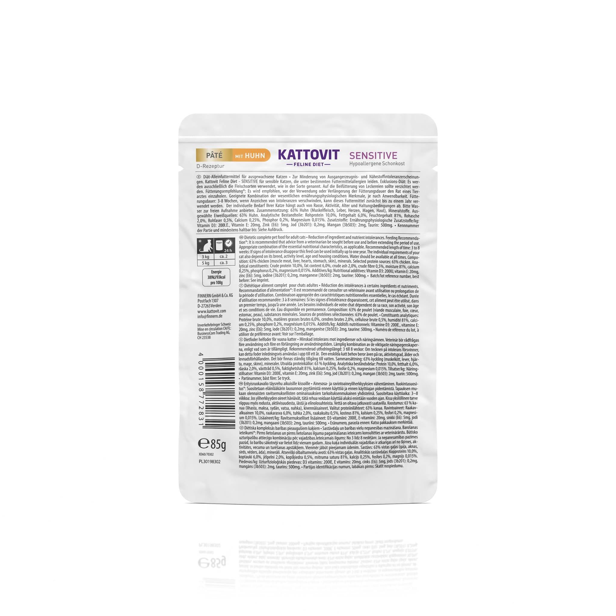 Retro della busta Kattovit Sensitive Paté Huhn. Testo multilingue. Codice a barre e informazioni nutrizionali.