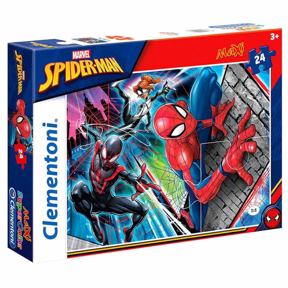 Puzzle Maxi Marvel Spiderman 24 pezzi. Confezione con illustrazioni di Spiderman. Logo Clementoni.