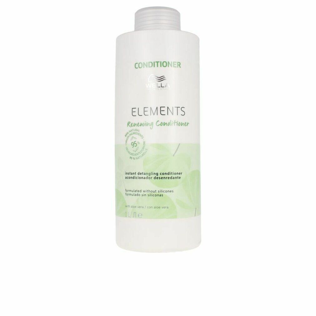 Flacone bianco con motivo a foglie verdi. Scritta: CONDITIONER, ELEMENTS, 95%. Nome del prodotto non indicato.