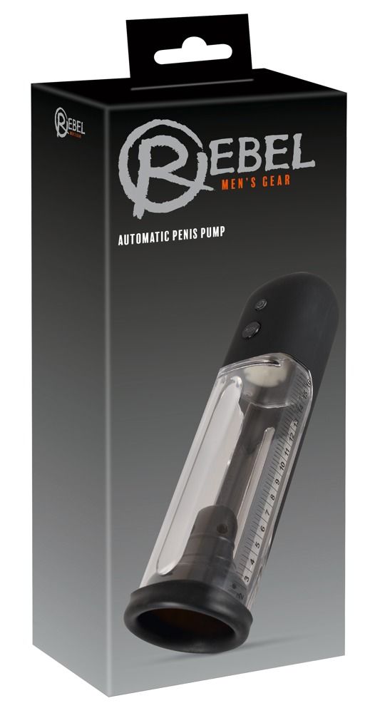 Confezione nera con prodotto. Scritta: Rebel Men's Gear, Automatic Penis Pump. Pompa con scala di misurazione.