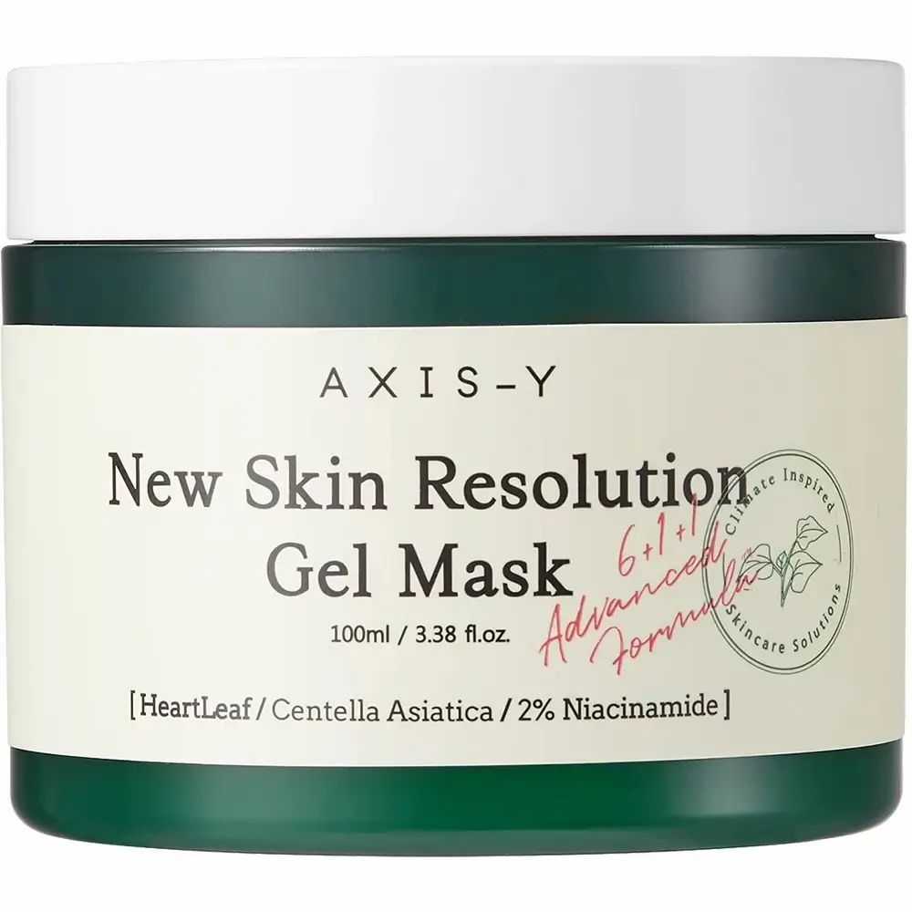 Vaso verde con coperchio bianco. Scritta: New Skin Resolution Gel Mask. Contiene testo e logo.