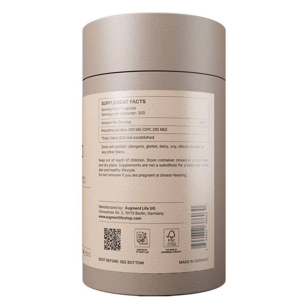 Informazioni nutrizionali su un barattolo rotondo: 1 capsula per porzione, 300 porzioni per contenitore. Contiene 300 mg di estratto di corteccia di pino (OPC 285 mg). Senza allergeni, glutine, soia, silicone. Prodotto da Augment Life UG a Berlino, Germania.