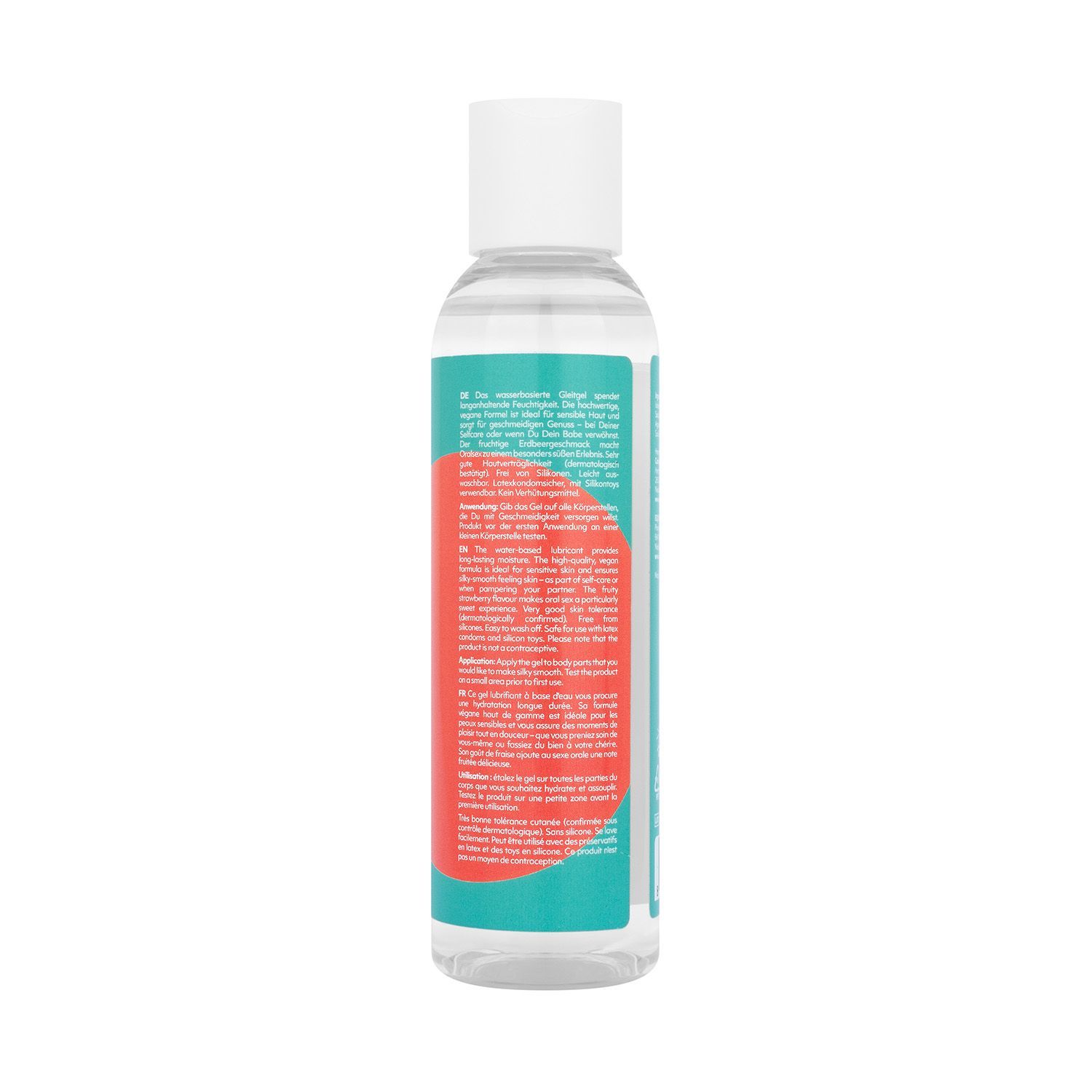 Retro di un flacone trasparente con tappo bianco. Adesivo rosso con testo. Scritta AMORELIE care.