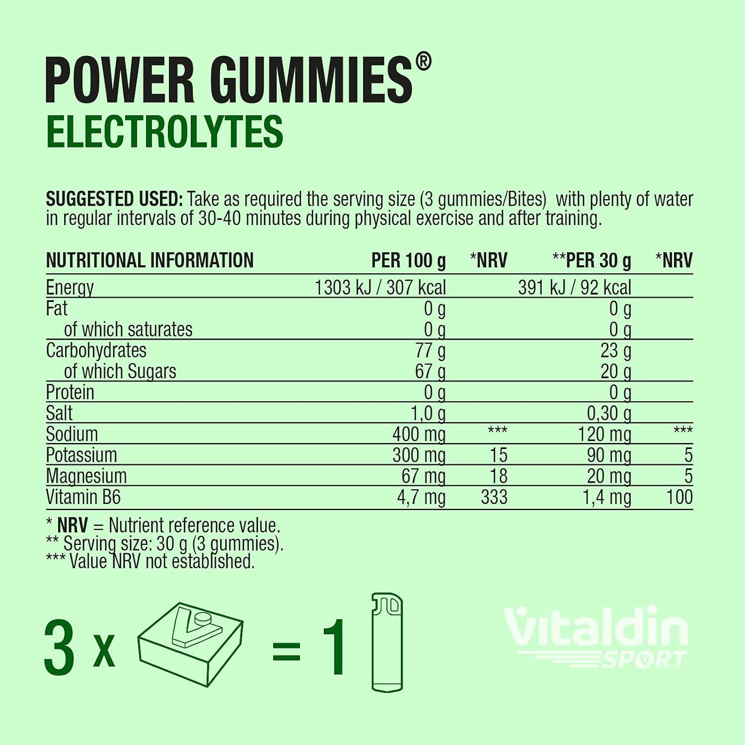Informazioni nutrizionali per Power Gummies Electrolytes. Per 100g e per 30g. Logo Vitaldin Sport. 3 caramelle gommose = 1 porzione.