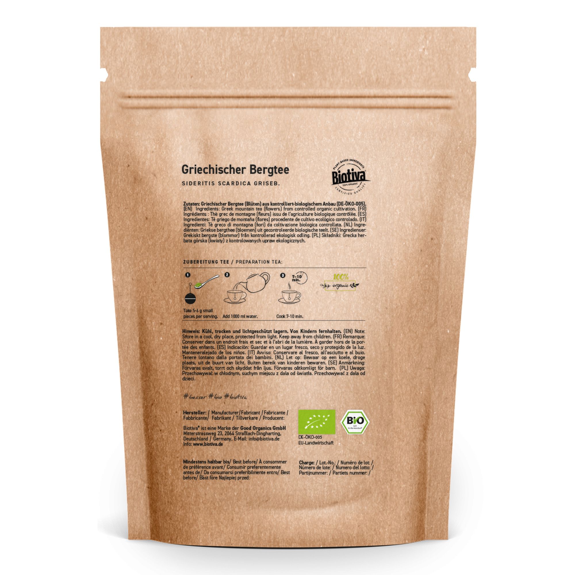 Retro della confezione Biotiva Griechischer Bergtee Bio. Testo: Preparazione, sigillo bio, ingredienti, informazioni nutrizionali, contatti.