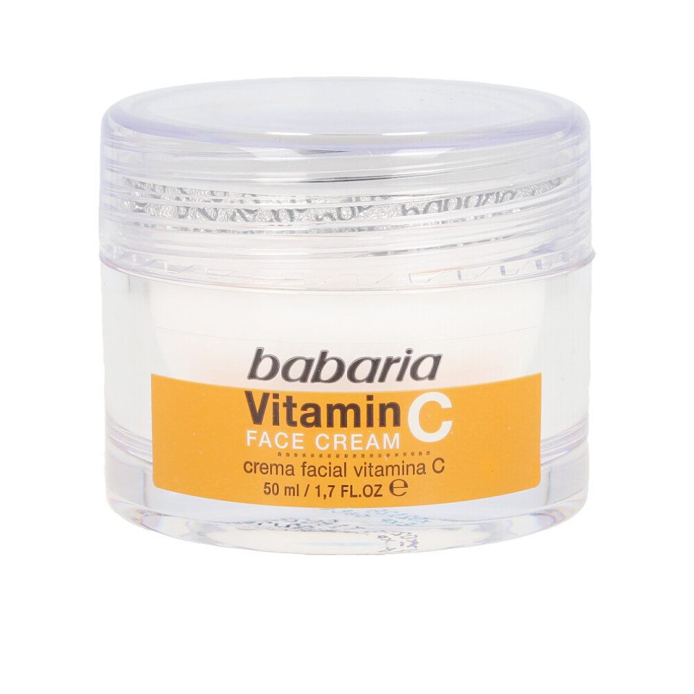 Babaria Crema Viso Vitamina C. Vasetto trasparente con crema bianca ed etichetta arancione. 50 ml. Testo: Trattamento antiossidante.