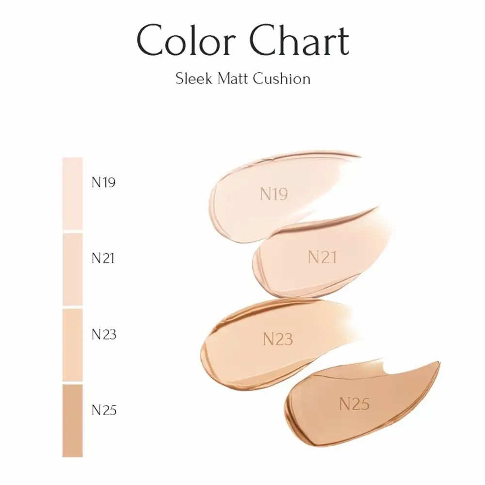 Tabella colori con tonalità trucco. Numeri: N19, N21, N23, N25. Testo: Sleek Matt Cushion.