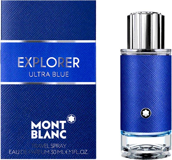 Flacone di profumo blu e confezione. Scritta: EXPLORER ULTRA BLUE, MONTBLANC. Spray da viaggio.