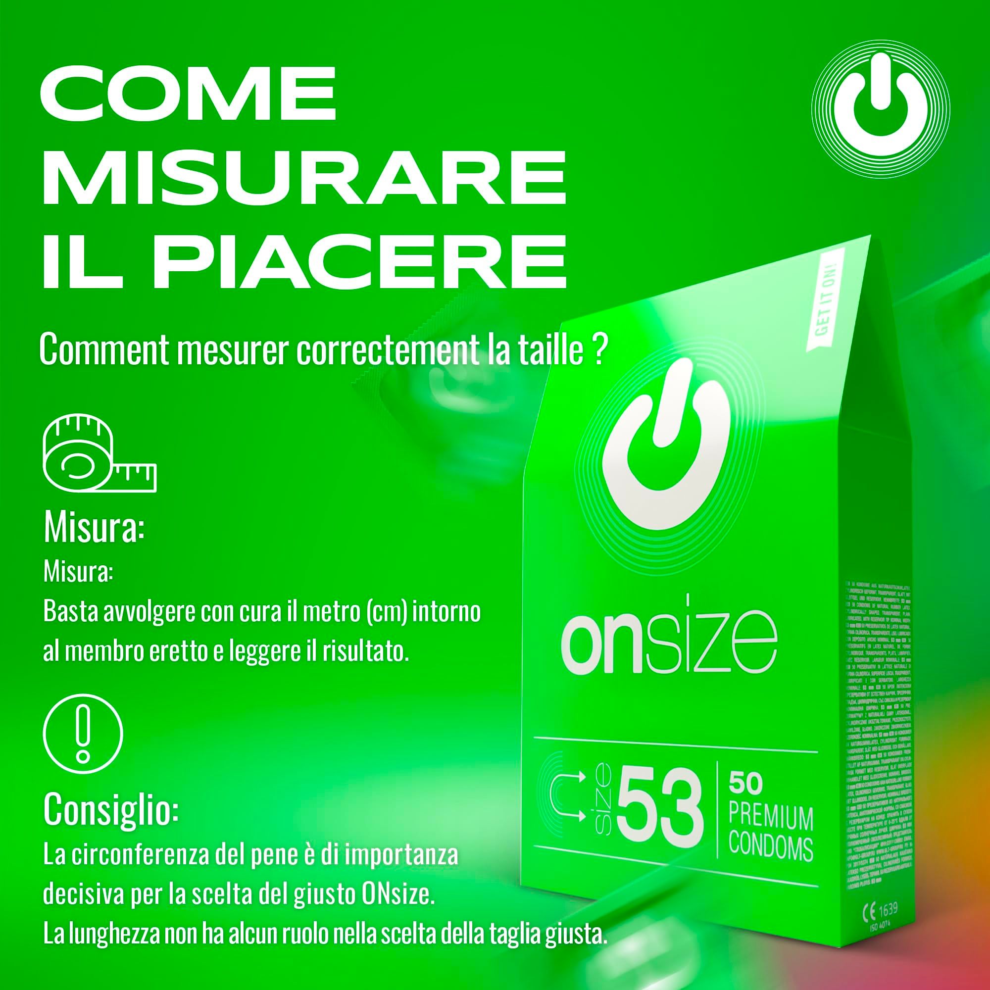 Confezione verde ONsize 53mm con istruzioni per misurare la circonferenza.