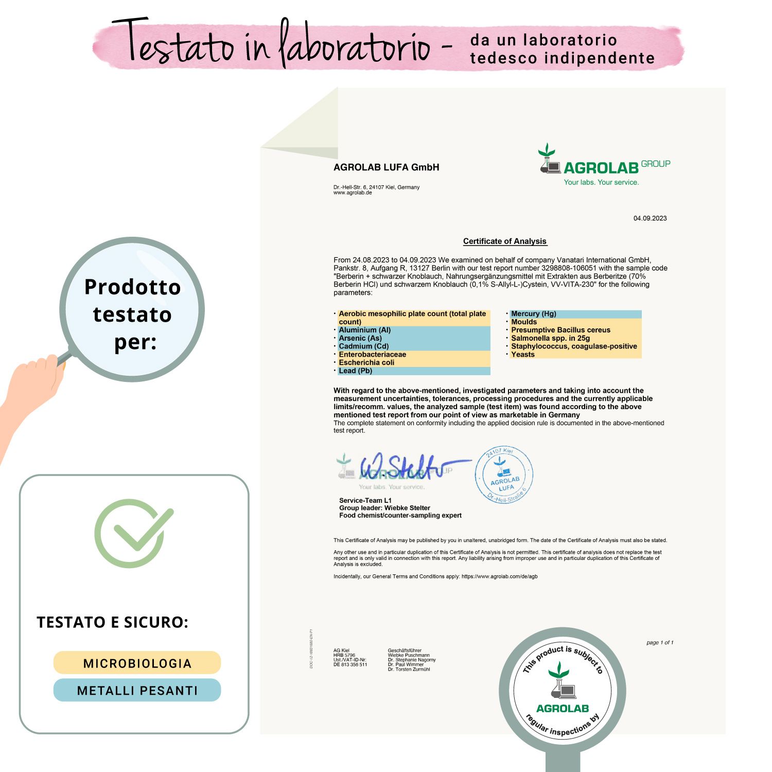 Rapporto di laboratorio di AGROLAB LUFA GmbH. Testato e sicuro: microbiologia (metalli pesanti).