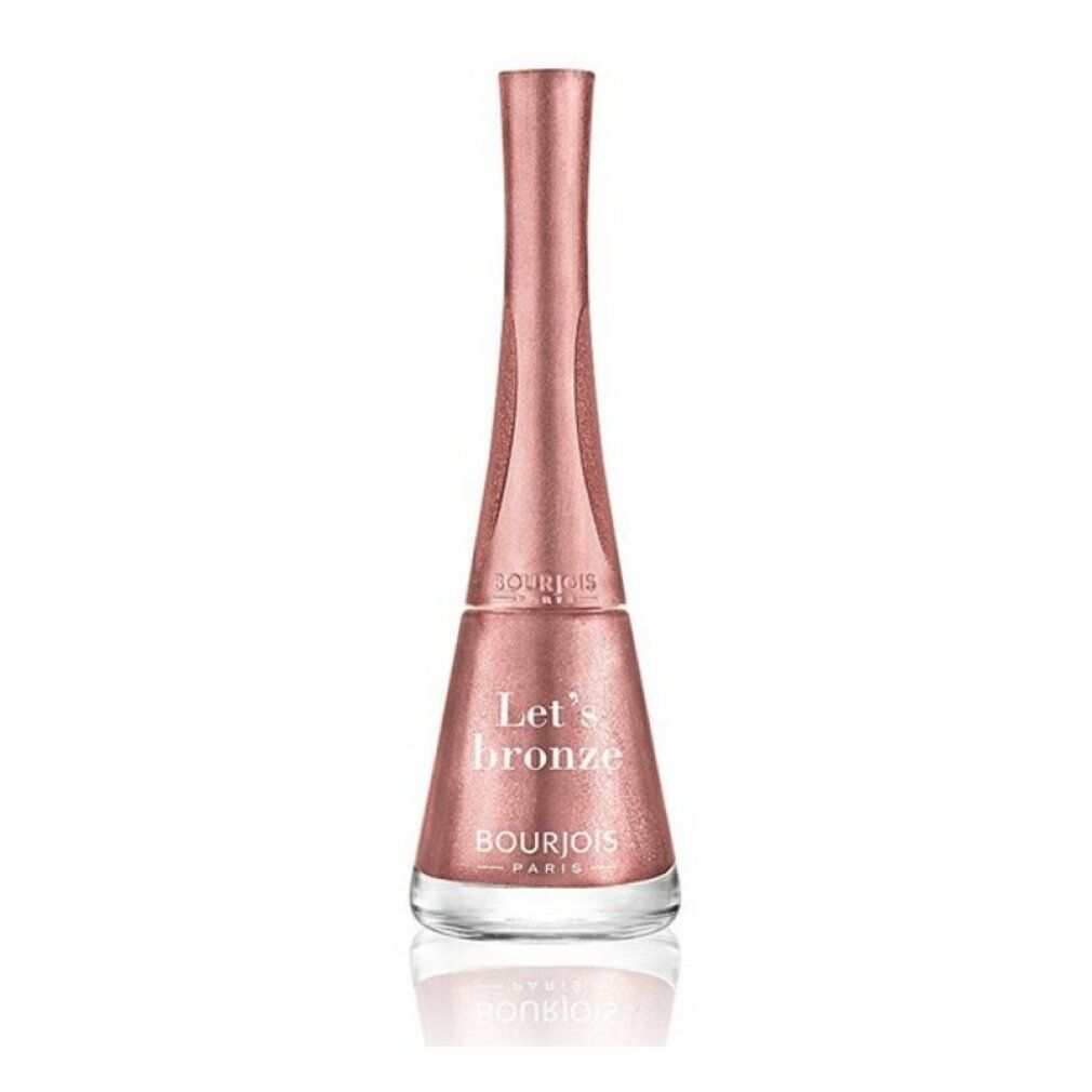 Flacone di smalto oro rosa, testo bianco. Marca: Bourjois Paris. Nome: Let's Bronze.