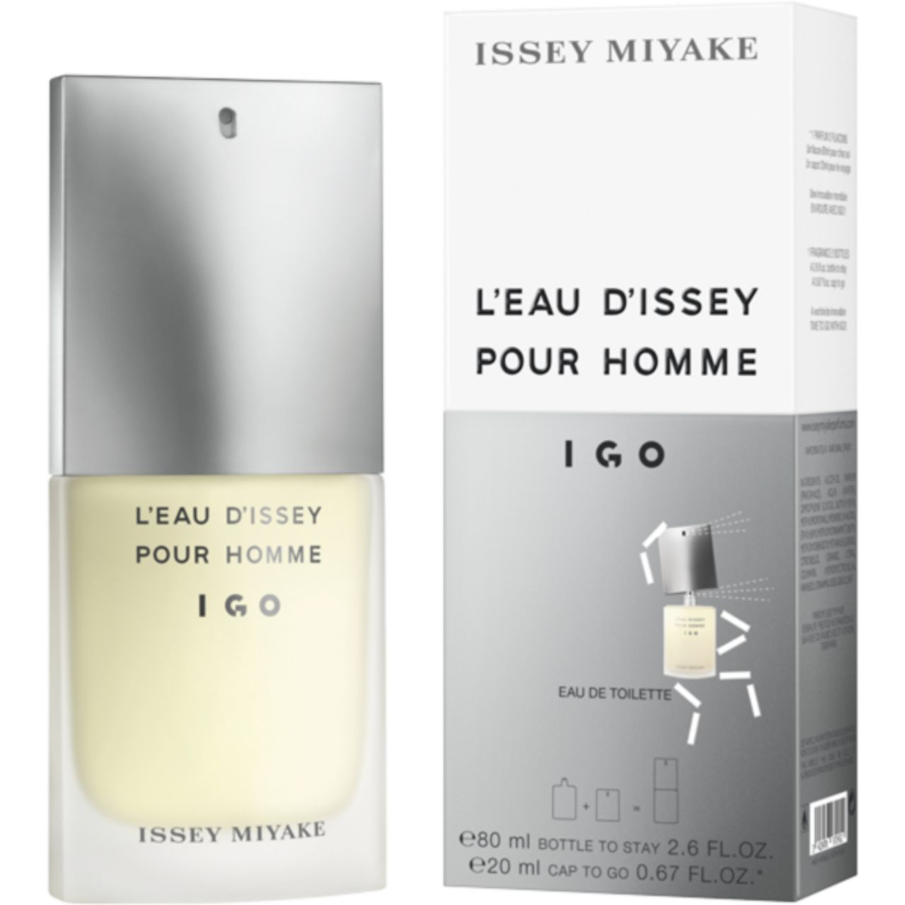 Flacone e confezione. Flacone: rettangolare, tappo argentato. Confezione: bianca, scritta: L'Eau d'Issey Pour Homme IGO. Marchio: Issey Miyake.