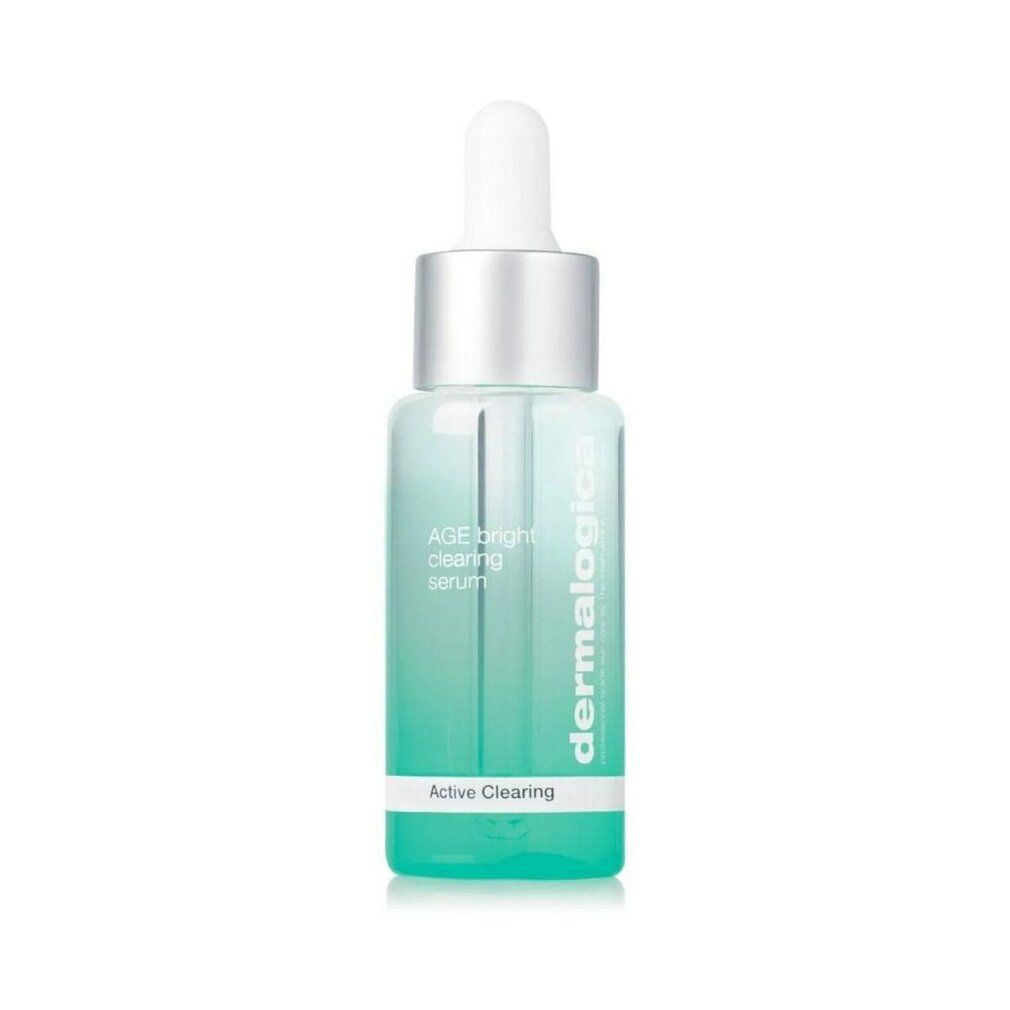 Siero trasparente in flacone di vetro con pipetta. Scritta: AGE bright clearing serum, Active Clearing, dermalogica.