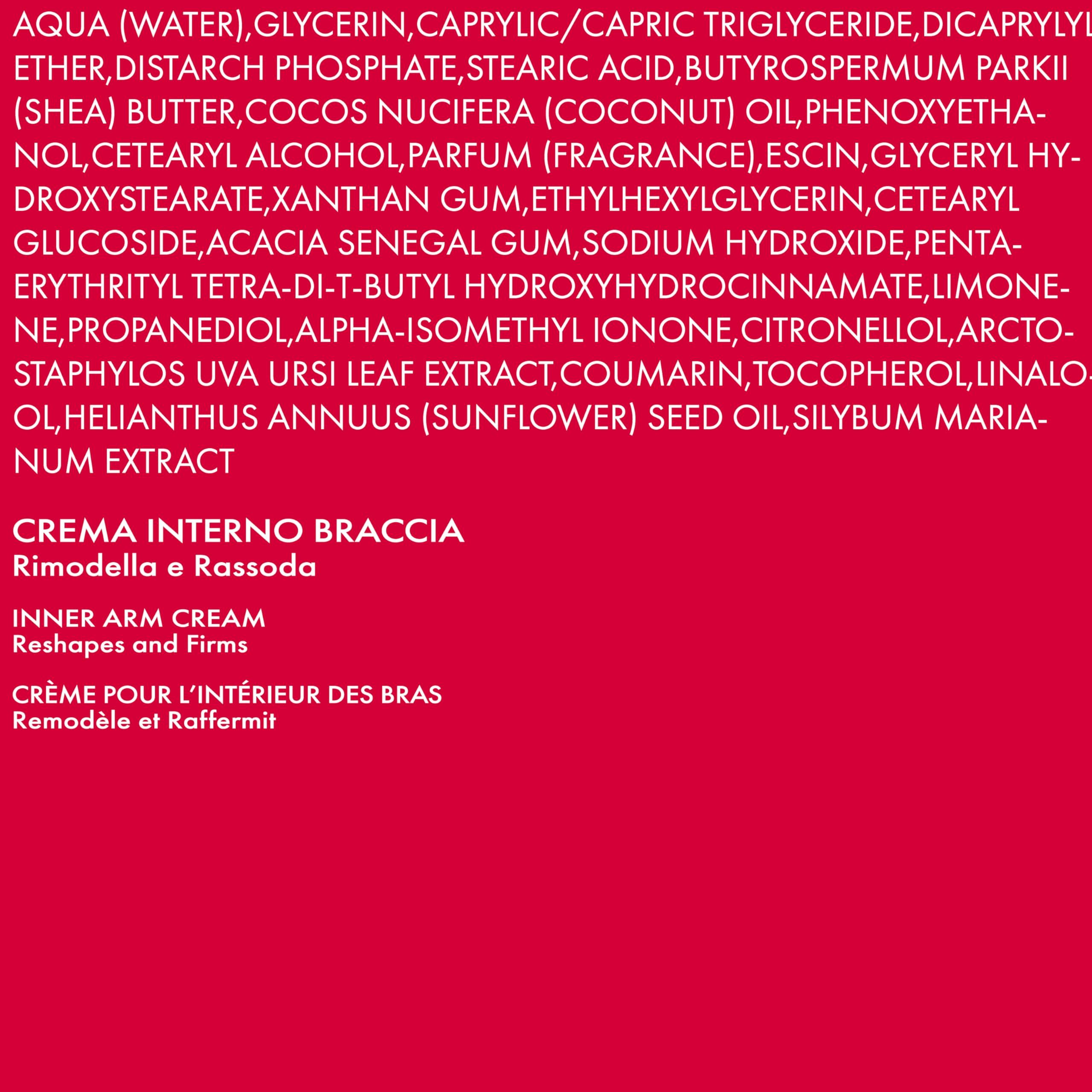 Sfondo rosso con testo. Testo: Crema per le braccia, ingredienti.