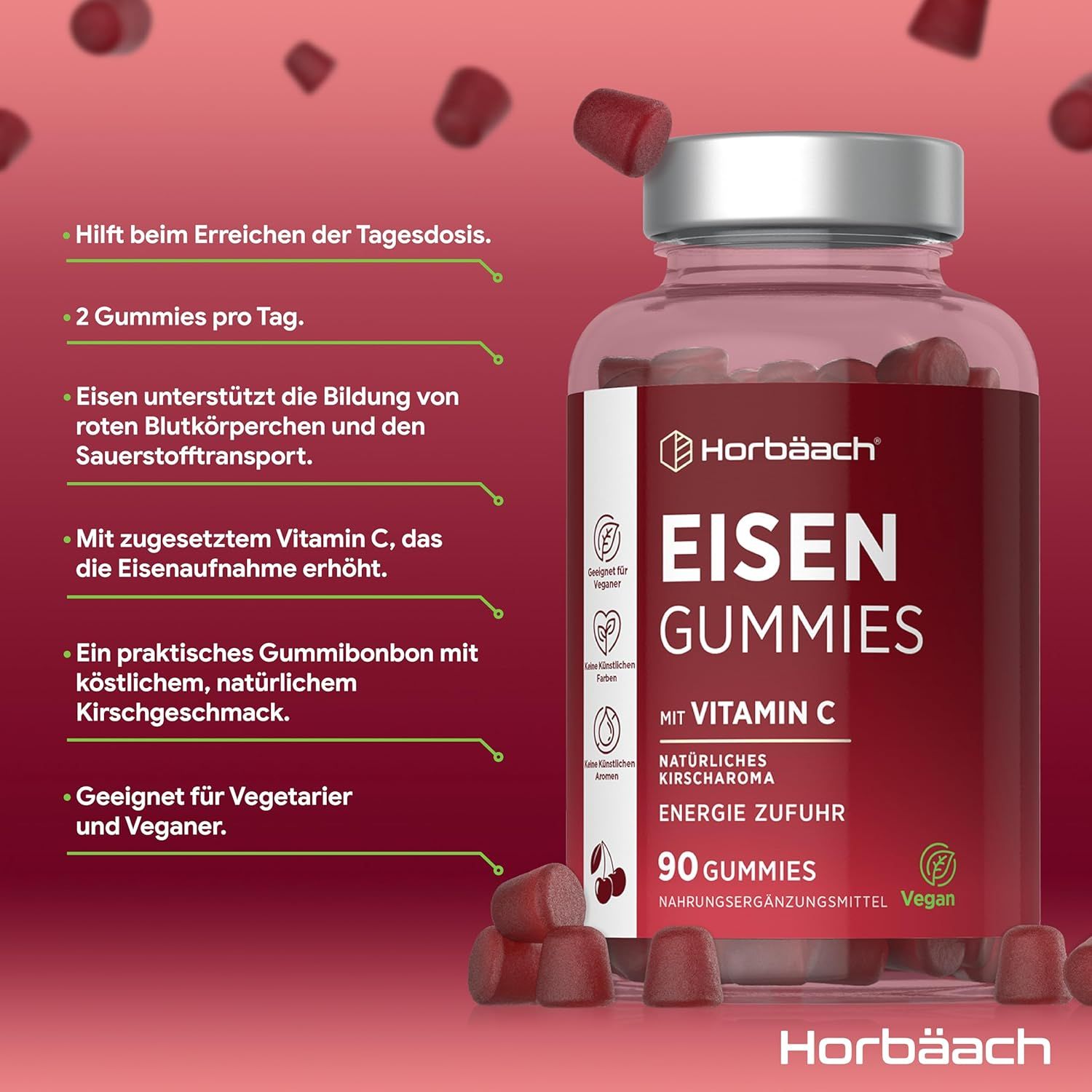 Flacone Horbäach Ferro Gummies con Vitamina C. 90 caramelle. Caramelle rosse. Testo: Aiuta la dose giornaliera. Vegano.