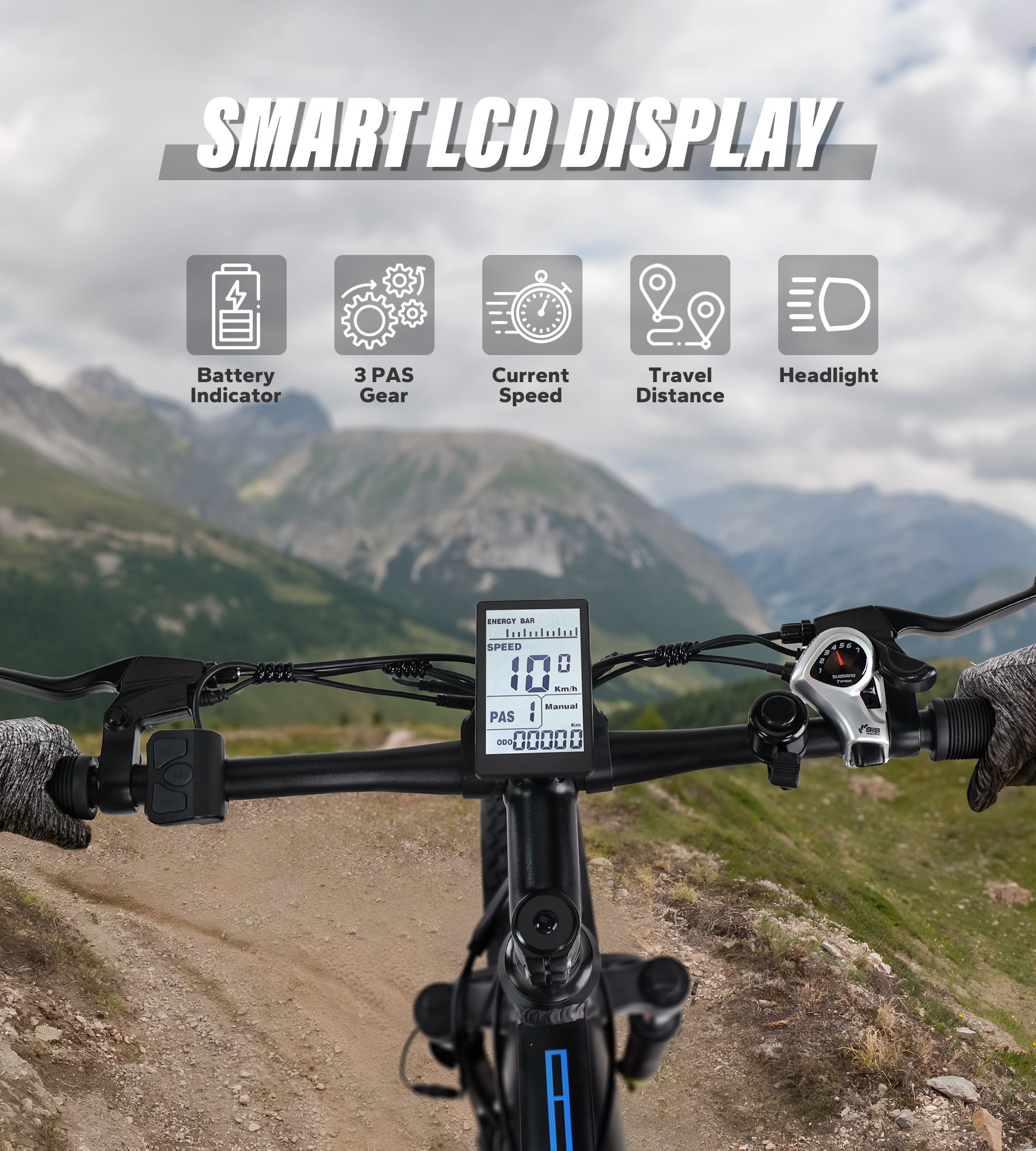 Manubrio e-bike con display LCD intelligente. Indicatore batteria, marce, velocità, distanza, faro.